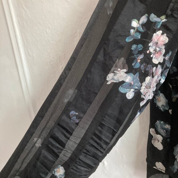 Club Monaco Floral Silk Blouse with Striped Sheer Panels in Black / Blush sz M - Picture 4 of 5